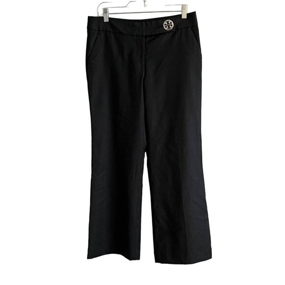 Tory Burch Wide Leg Career Pant Black Large Silver Logo Button Wool Blend Size 8 - Picture 1 of 11